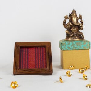 Coasters- Deep red/ cherry coloured thread work Kanchipuram silk in a natural finish Burma teak frame.