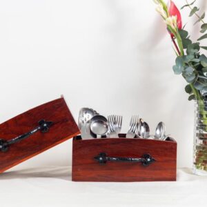 60 year old Padauk wood cutlery holders with cast iron handles.