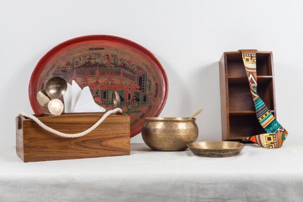 Burma teak cutlery holders with a macrame rope handle/ quirky guitar strap.