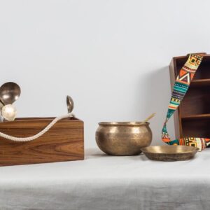 Burma teak cutlery holders with a macrame rope handle/ quirky guitar strap.