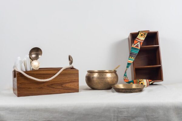 Burma teak cutlery holders with a macrame rope handle/ quirky guitar strap.