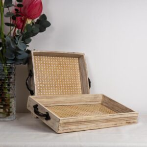 Distressed finish Burma teak trays with rattan inlay, embellished with cast iron handles.