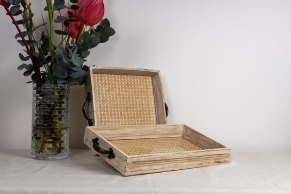 Distressed finish Burma teak trays with rattan inlay, embellished with cast iron handles.