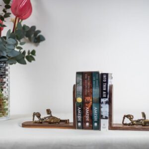 Burma teak bookends with Dogra art from Orissa.