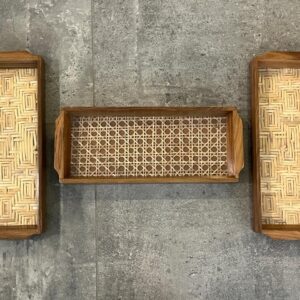 Burma teak mini trays inlaid with rattan