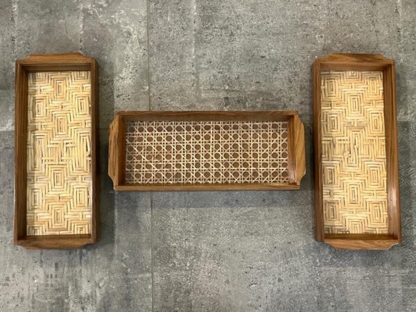 Burma teak mini trays inlaid with rattan